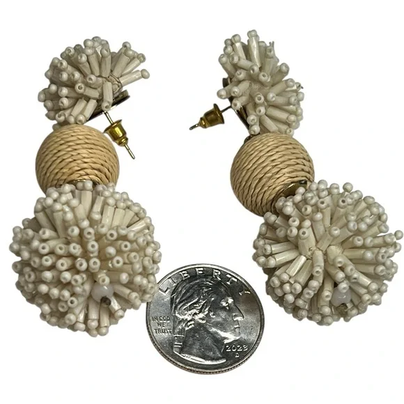 Large Cream Boho Beachy Beaded Earrings Pierced Coastal Grandma - Picture 4 of 5